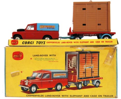 A rare vintage Corgi Chipperfields diecast model Gift Set No. 19 ' Land Rover With Elephant And Cage On Trailer.' Contents ap