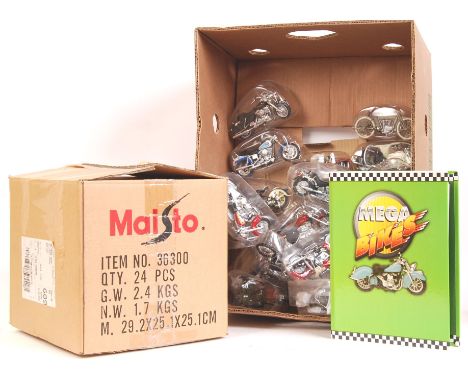 A collection of Maisto made 1:18 scale diecast model motorcycles / motorbikes. Comprising of the Mega Bikes collectors guide,