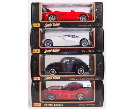 A collection of 4x Maisto Special Edition 1:18 scale diecast model cars. Comprising of; Mustang, Ford GT90, Volkswagen and Do