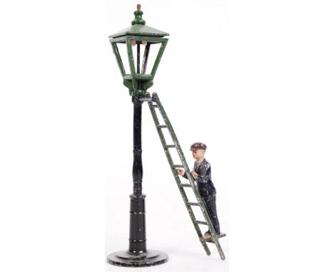 A rare antique pre-war c1930's Johillco made Lamp Lighter lead hollowcast figure set. Comprising of lamplighter, ladder and s