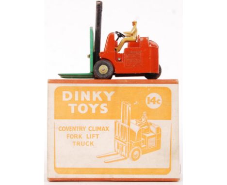 An original vintage Dinky Toys diecast model 14c Coventry Climax Fork Lift Truck. Within the original box, with cardboard ins