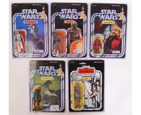 A collection of 5x Star Wars vintage Kenner / Palitoy action figures, all mounted for display with reproduction backing cards