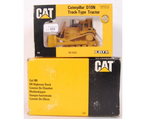 A collection of 2x original 1:50 scale CAT Caterpillar Inc. diecast model construction vehicles to include; Conrad West Germa