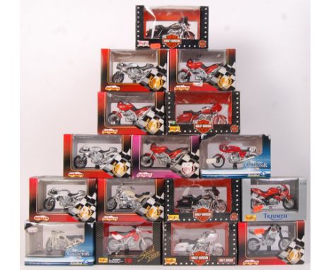 A collection of 16x precision diecast models of 1:18 scale motorcycles / motorbikes. To include Maisto, Majorette, Solido and