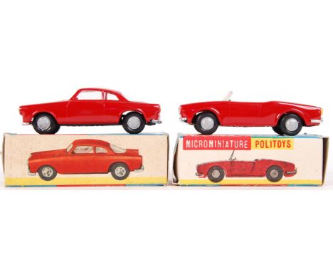 Two original vintage Politoys ' Made In Italy ' plastic model vehicles. Numbers: 28 (Alfa Romeo Giuletta Sprint) and 27 (Alfa