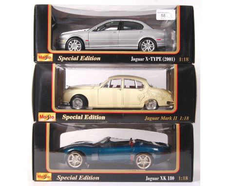 A collection of 3x Special Edition Maisto 1:18 scale diecast model cars. All mint and unused. Comprising of three Jaguars; X-