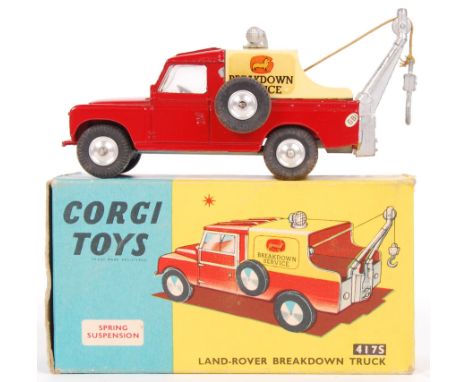 An original vintage Corgi Toys diecast model 417S Land Rover Breakdown Truck. Red, with yellow Breakdown Service cab. Model c