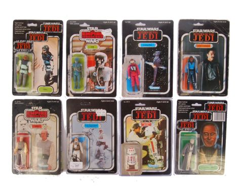 A collection of 8x original vintage Star Wars action figures. Mounted for display alongside their original vintage card backs