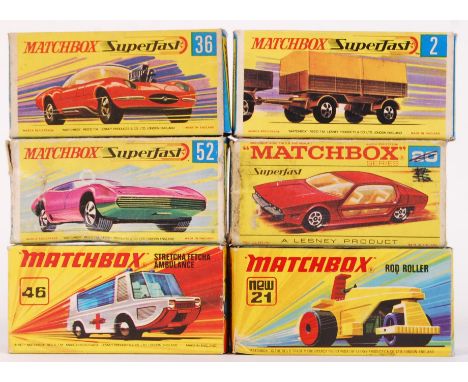 A collection of 6x assorted vintage Matchbox Superfast & Lesney diecast models. Comprising of; 46 (mint+ model), 21 Rod Rolle