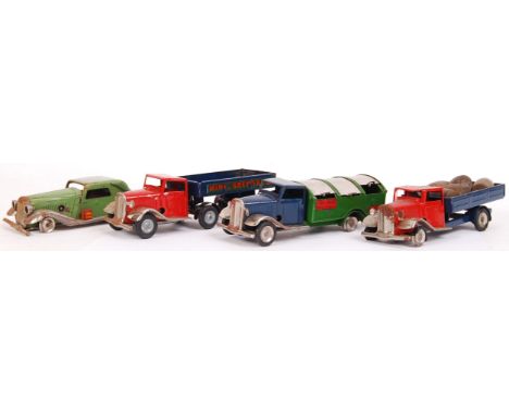 A collection of 4x vintage Triang Minic tinplate clockwork vehicles. Comprising of: A Minic Brewery truck and wagon, a green 