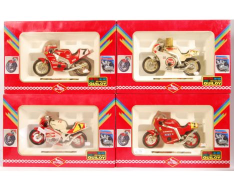 A collection of 4x precision detail 1:10 scale diecast model motorcycles, by Guiloy. All appear mint, within the original box