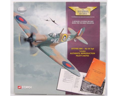 An original contemporary 1:72 scale Corgi Aviation Archive diecast model Spitfire MKI No 54 Sqd with Pilots reproduction capt