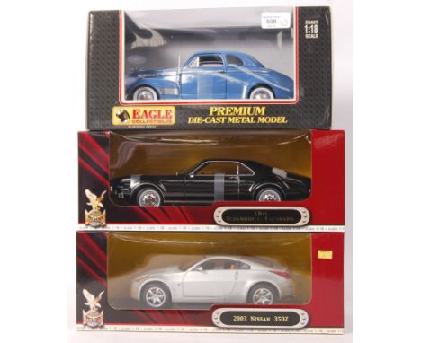 A collection fo 3x 1:18 scale boxed diecast models. Comprising of two Road Legends (1966 Oldsmobile Tornado and 2003 Nissan 3