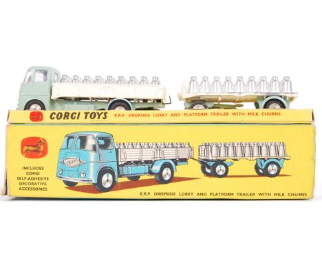 An original rare Corgi Toys diecast model Gift Set 24 ' ERF Dropside Lorry And Platform Trailer With Milk Churns. Within the 