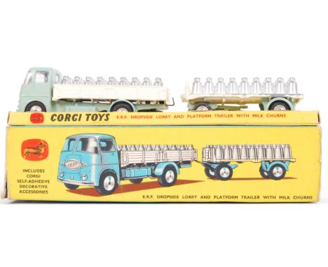 An original rare Corgi Toys diecast model Gift Set 24 ' ERF Dropside Lorry And Platform Trailer With Milk Churns. Within the 