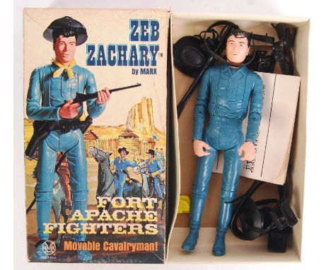 A rare original vintage Marx Toys Fort Apache Fighters action figure of ' Zeb Zachary .' Appears complete, within the origina