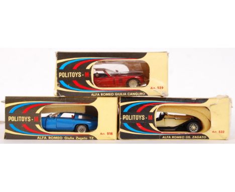 A collection of 3x vintage 1960's Politoys made 1:43 scale diecast models. To include; No. 529 Alfa Romeo Giulia Canguro, 532