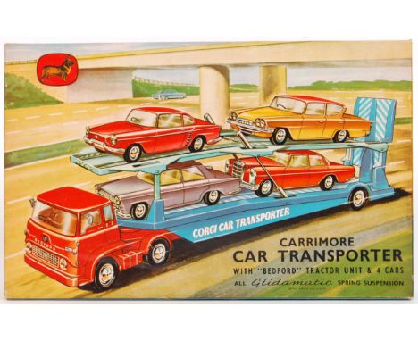 A rare vintage Corgi Toys ' Gift Set No. 28 ' diecast model Carrimore Car Transporter With Bedford Tractor Unit & 4 Cars '. C