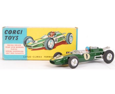 An original vintage Corgi Toys diecast model No. 115 Lotus Climax Formula 1 Racing car. Appears near mint, in a very good ori
