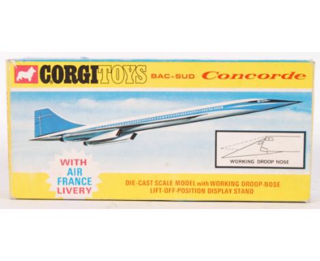 An original vintage Corgi Toys diecast scale model Concorde model plane with Air France Livery 651. Within its original box w