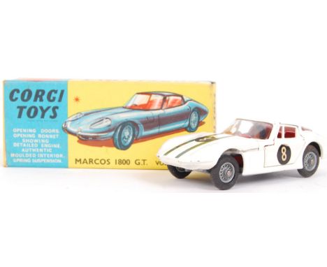 An original vintage Corgi Toys diecast model 324 Marcos 1800 GT With Volvo Engine. White, with No.8 racing decals. Within the