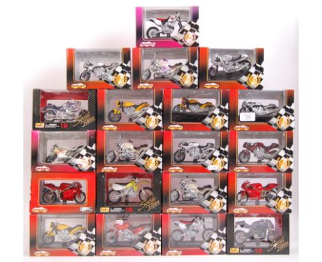 A collection of 20x Maisto made 1:18 scale precision diecast model motorcycles / motorbikes. Each appears mint and unused, wi