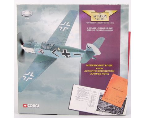 A 1:72 scale Corgi Aviation Archive diecast model Messerschmitt BF109E with reproduction captured notes. Within its original 