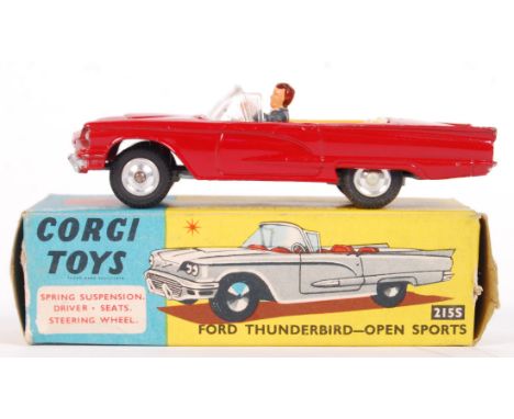 An original vintage Corgi Toys diecast model 215S Ford Thunderbird Open Sports Car. In red, with silver grille. Figure to dri