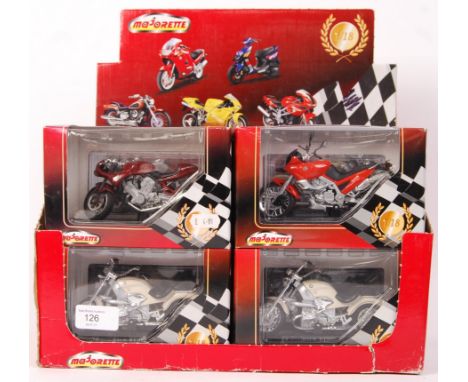 An unused trade pack / shop counter top display box of 12x 1:18 scale diecast model motorcycles / motorbikes by Majorette. Va