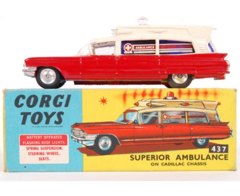 An original vintage Corgi Toys diecast model 437 Superior Ambulance. Red, with cream top section. Appears near mint, within a