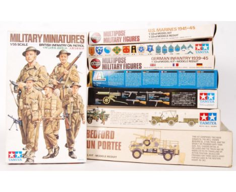 A collection of 8x assorted military themed model kits. To include; Tamiya Military Miniatures (1:35 scale), Airfix Multipose