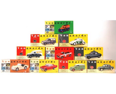 A collection of 10x assorted Vanguards 1:43 scale boxed diecast model cars, to include; Rover P4, Austin A40 Van, Ford Capri,