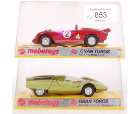 Two original vintage Mattel made Mebetoys 1:43 diecast model cars. No. 6612 Alfa Romeo 33/3 and No. 6621 Ferrari 512 S Pininf