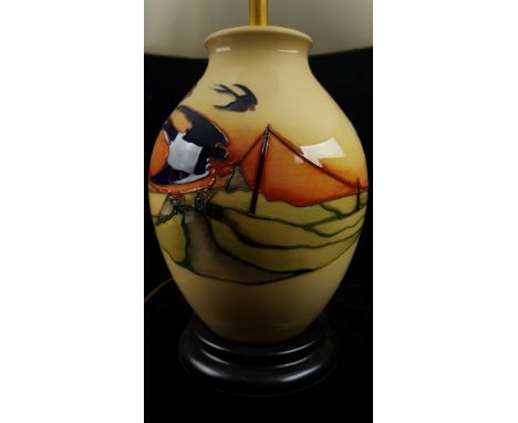 Kerry Goodwin for Moorcroft Pottery. A Swallow Birds Evening Air lamp base, with factory foot mount stamped in gold, fitted f