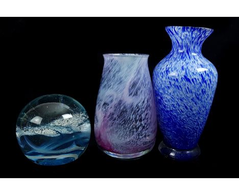 A Caithness paperweight, possibly splashdown, a Caithness speckled pink glass vase and one other speckled glass vase of dark 