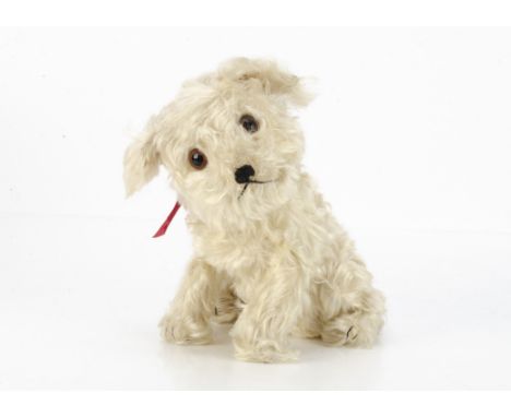 An unusual Steiff white mohair Molly dog 1930s,  with long white mohair, brown and black glass eyes,  ears originally brown t