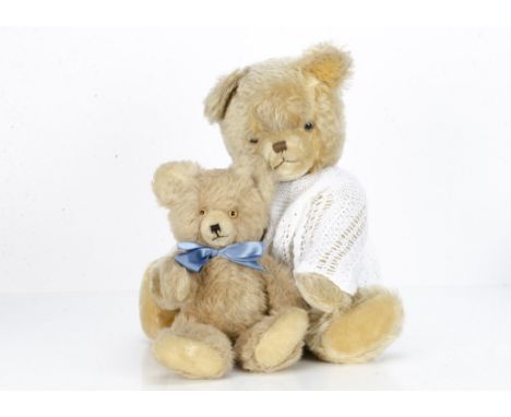 A Diem wool plush teddy bear 1950s,  with beige plush, clear and black glass eyes with light brown backs, inset short mohair 