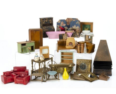 Post-war dolls' house furniture, including Twigg dresser, a floral three piece suite, a large scale brass hostess trolley; si