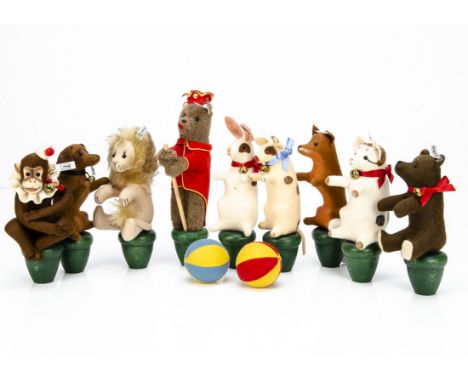 A Steiff limited edition animal skittle set 2005, 604 of 1000 with turned wooden bases 