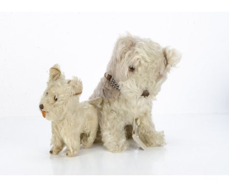 Two mohair toy dogs,  a British 1930s dog with light brown and white mohair, clear and black glass eyes with brown painted ba