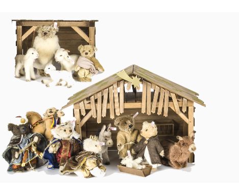 Steiff limited edition Nativity Sets 2005 to 2007,  The Holy Family 74 of 1000, 2005; the Shepherds and hut 448 of 1000, 2006