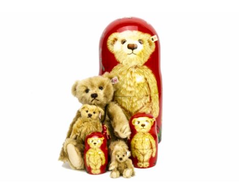 A Steiff limited edition Matrioschka 2005, 491 of 750, three painted wooden dolls and three mohair teddy bear --15 ½in. (39cm