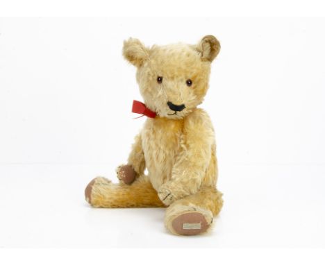 'Bertie' a Chad Valley Magna teddy bear 1930s,  with golden mohair, orange and black glass eyes, pronounced muzzle, black sti