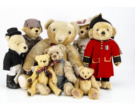 Three Merrythought for Harrods standing character teddy bears, Mrs Hudson, Sherlock Holmes and a Chelsea Pensioner --17 ½in. 