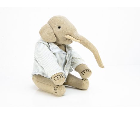 A rare German grey burlap jointed elephant circa 1907,   possibly Strunz or similar to Steiff with black boot button eyes, wh