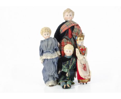 Four German bisque shoulder-head dolls with moulded hair,  one with blue painted eyes and moulded blonde curls, stuffed body 