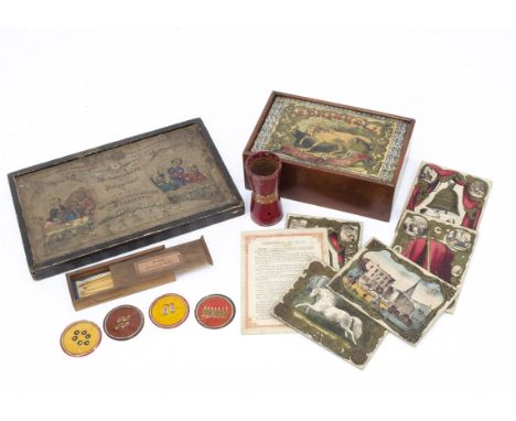 Various antique games, Schimmell or the Bell &amp; Hammer game with Morocco leather shaker, in original mahogany box; a New G