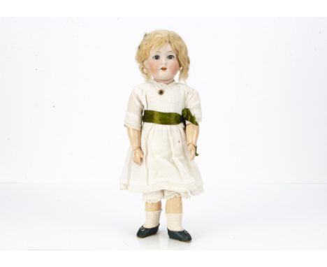 An Armand Marseille 390n child doll,  with blue sleeping eyes, blonde mohair wig, jointed composition body, white dress with 