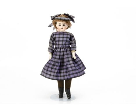 A German bisque shoulder head doll marked H,  with fixed brown eyes, brown mohair wig, gusseted kid body, bisque arms, purple