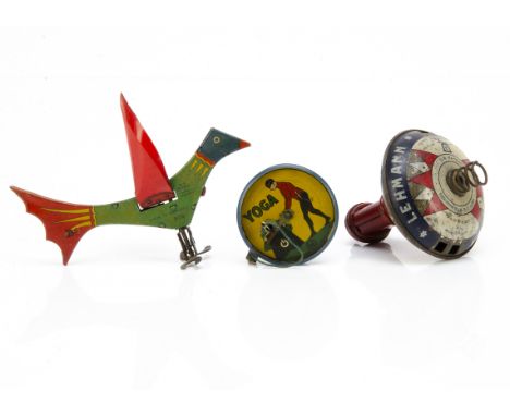 An unusual Lehmann No 802 two-dimensional bird, lithographed tinplate with celluloid wings, probably a gyroscopic toy --5in. 
